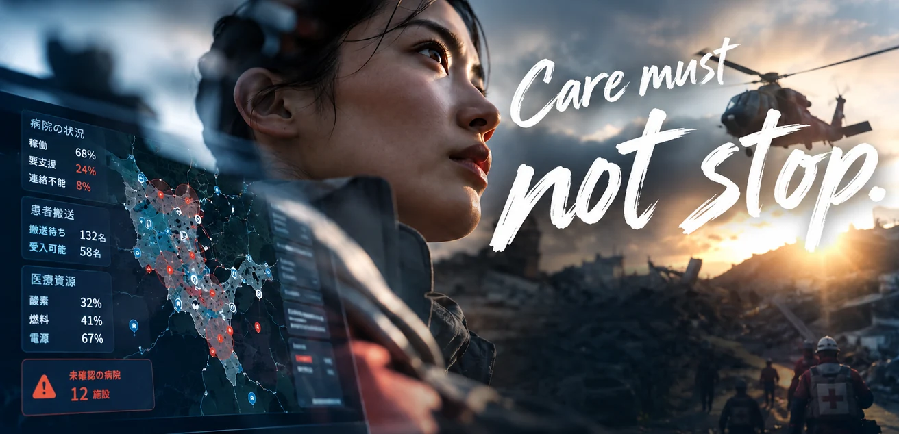 AI-generated disaster response concept visual with the headline Care must not stop. Not a photograph of an actual disaster response.